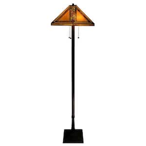 63 in. Antique Bronze Mission Stained Glass Floor Lamp with Pull Chain Switch