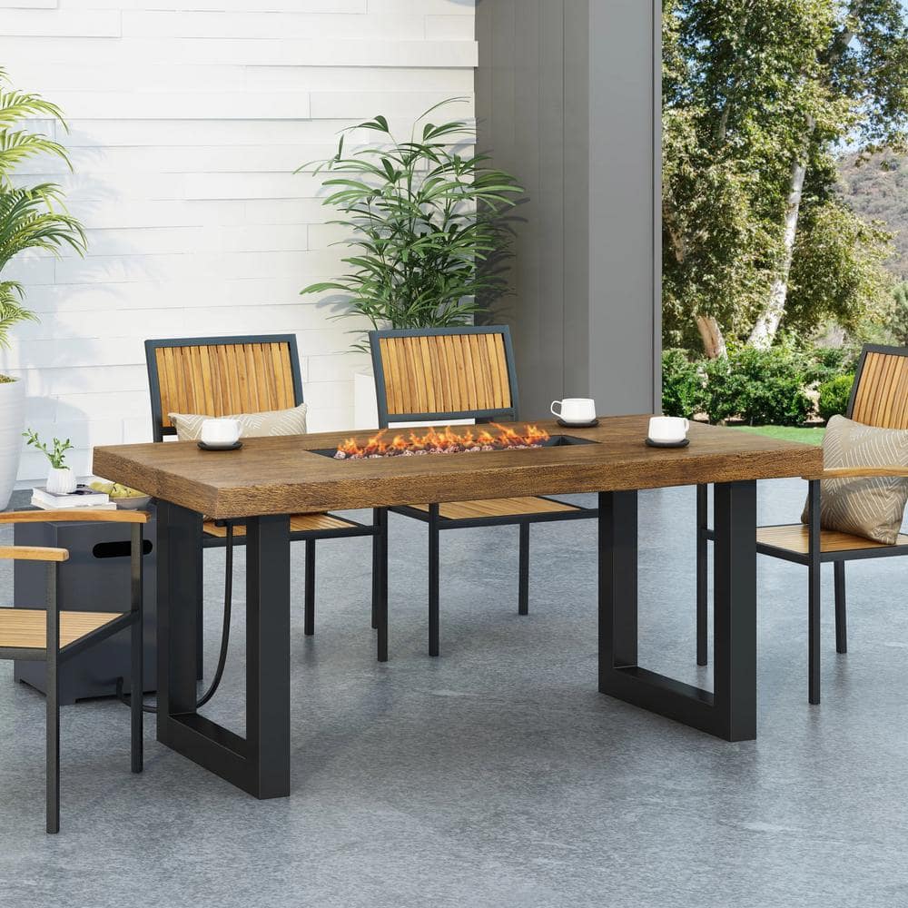 Outdoor 40,000 BTU Propane Fire Pit Dining Table-Teak Finish with Lightweig