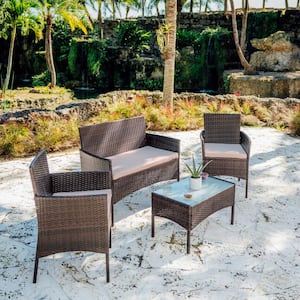 4-Piece Brown Wicker Patio Conversation Set with Beige Cushions