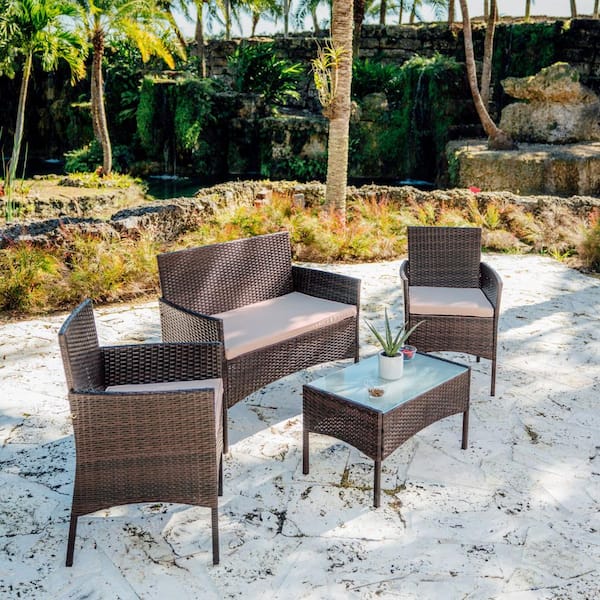 Tenleaf 4-Piece Brown Wicker Patio Conversation Set with Beige Cushions