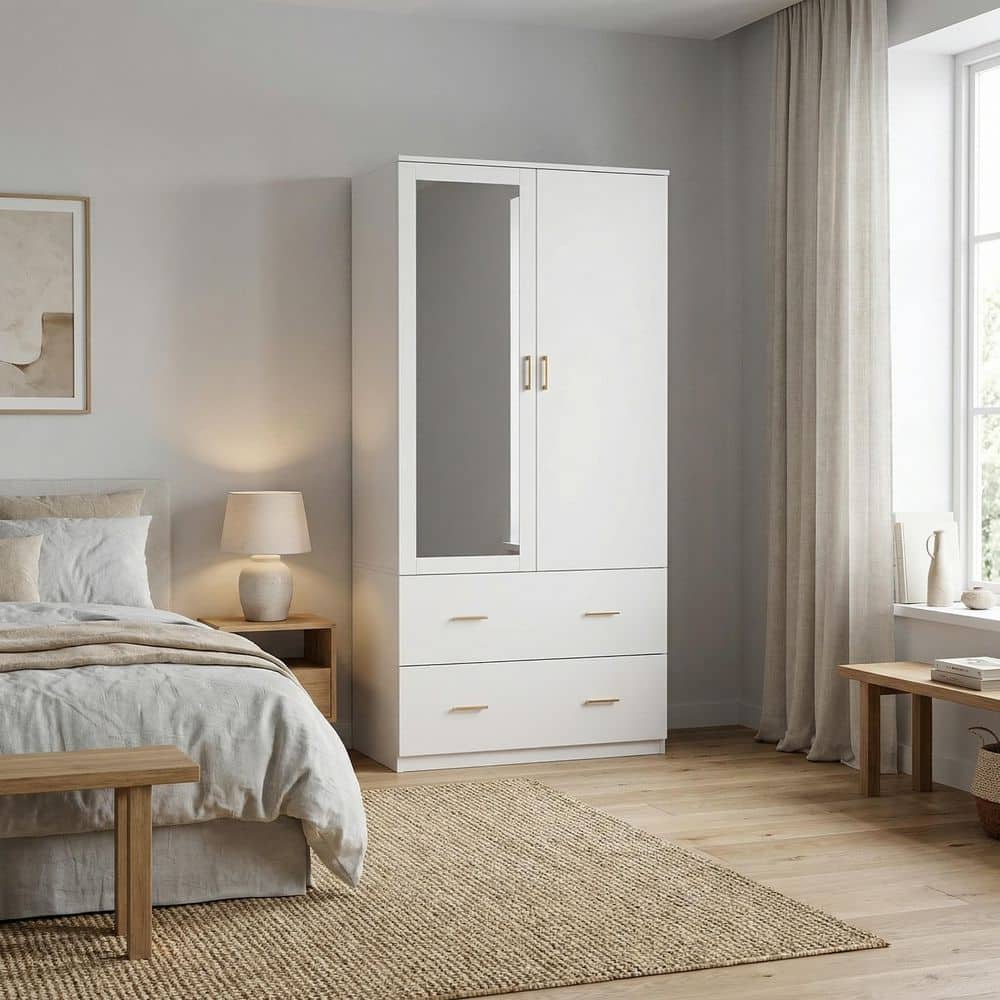 White Armoire with a Mirror 2-Drawers and 5-Shelves 31.5 in. L x 16.4 in. W x 72.0 in. H