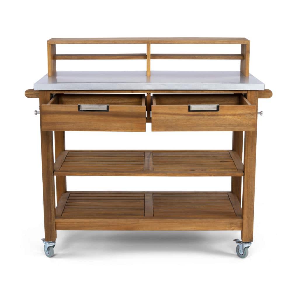 Maho Golden Teak Acacia Wood Potting Bench with Stainless Steel Top