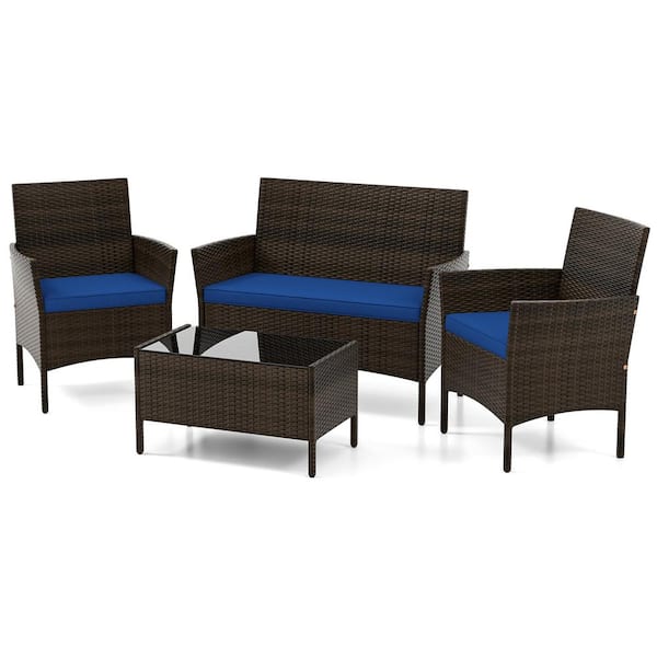 ANGELES HOME 4-Piece Wicker Rattan Patio Conversation Set with Cozy Seat Navy Cushions