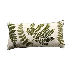 White Rectangle Cotton Pillow with Embroidered Green Ferns