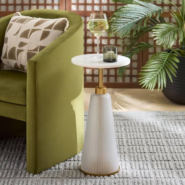 Paulon 12 in. Cream/White Glass End Table