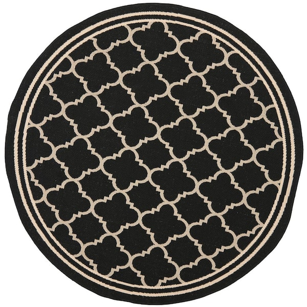 SAFAVIEH Courtyard Black/Beige 5 ft. x 5 ft. Round Geometric Indoor/Outdoor Patio  Area Rug