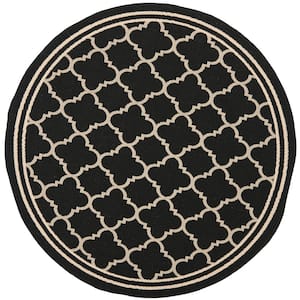 Courtyard Black/Beige 8 ft. x 8 ft. Round Transitional Geometric Indoor/Outdoor Patio Area Rug