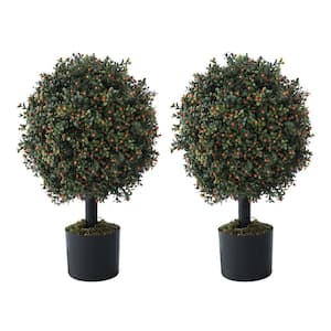 CAPHAUS 2 ft. Artificial Boxwood Topiary Ball Tree with White Flowers ...