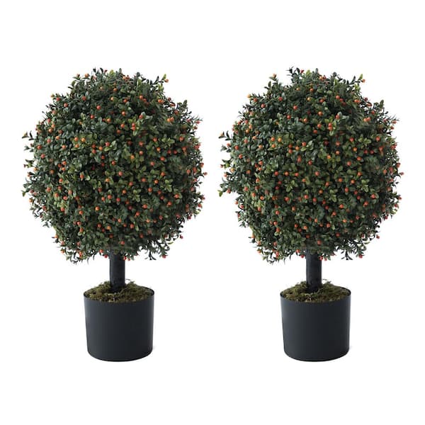 CAPHAUS 2 ft. Artificial Boxwood Topiary Ball Tree with Orange Flowers Artificial UV Resistant Bushes (Set of 2)