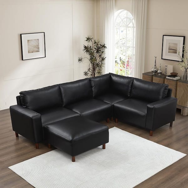 Xandell Modern 104 in. Square Arms PU Faux Leather Upholstery U-Shaped Sectional Sofa in Black with Ottoman