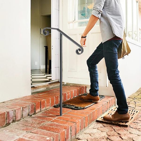 Single Post Handrail 58 in. x 20.5 in. Gray Wrought Iron Stair Railing Kit Post Mount Step Grab Supports