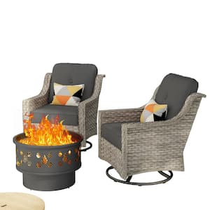 Eureka Gray 3-Piece Wicker Patio Conversation Swivel Chair Set with a Wood-Burning Fire Pit and Black Cushions