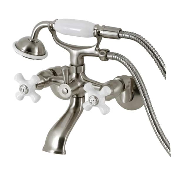 Kingston Brass Kingston 3-Handle Wall-Mount Clawfoot Tub Faucet with Hand Shower in Brushed Nickel
