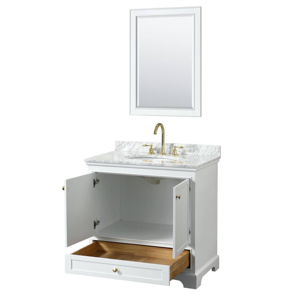 Deborah 36'' White Single Bathroom Vanity with Carrara Marble Top and Gold Trim