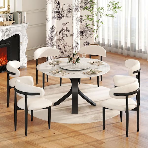 Magic Home Modern 53.1 in. White Rotable Lazy Susan Round Sintered Stone Tabletop with Black Pedestal Base Dining Table (Seats 6)