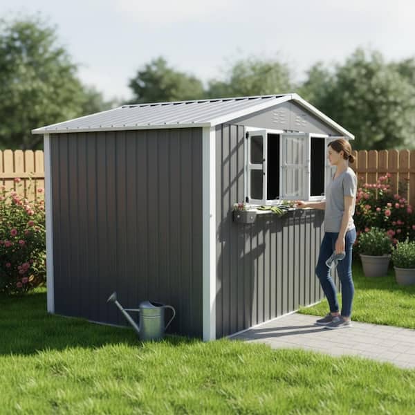 6 ft. W x 9 ft. D Outdoor Metal Storage Shed with Flower Racks and Windows in Gray (54 sq. ft.)