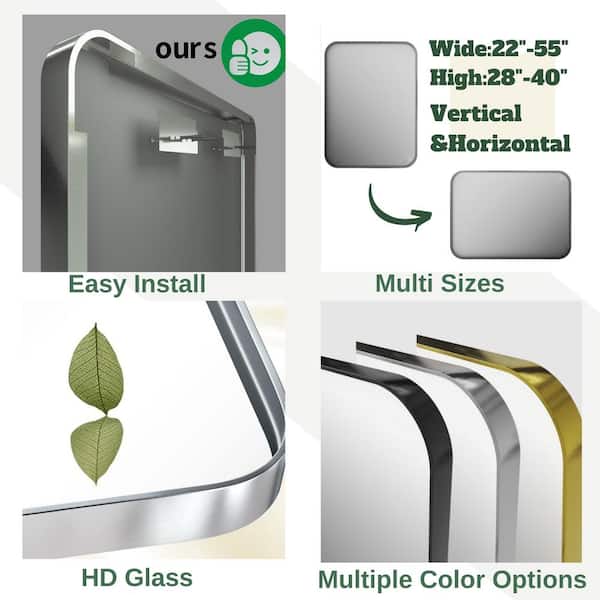 24 in. W x 36 in. H Rectangular Aluminum Framed Modern Silver Rounded Wall Mirror