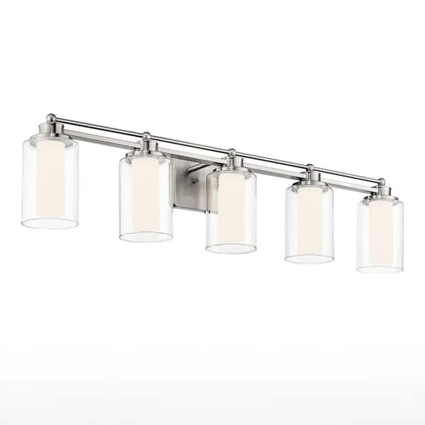 JAZAVA Modern 37.4 in. 5 Light Brushed Nickel 30W 5CCT LED Vanity Light with Frosted Acrylic Shade