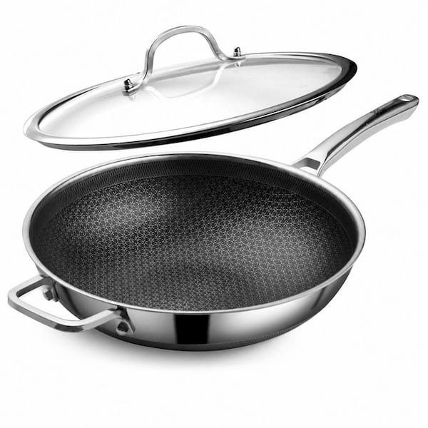 Hybrid 13 Inch Stainless Steel Nonstick Wok with Lid, PFOA Free, Dishwasher and Oven Safe, Works on Induction