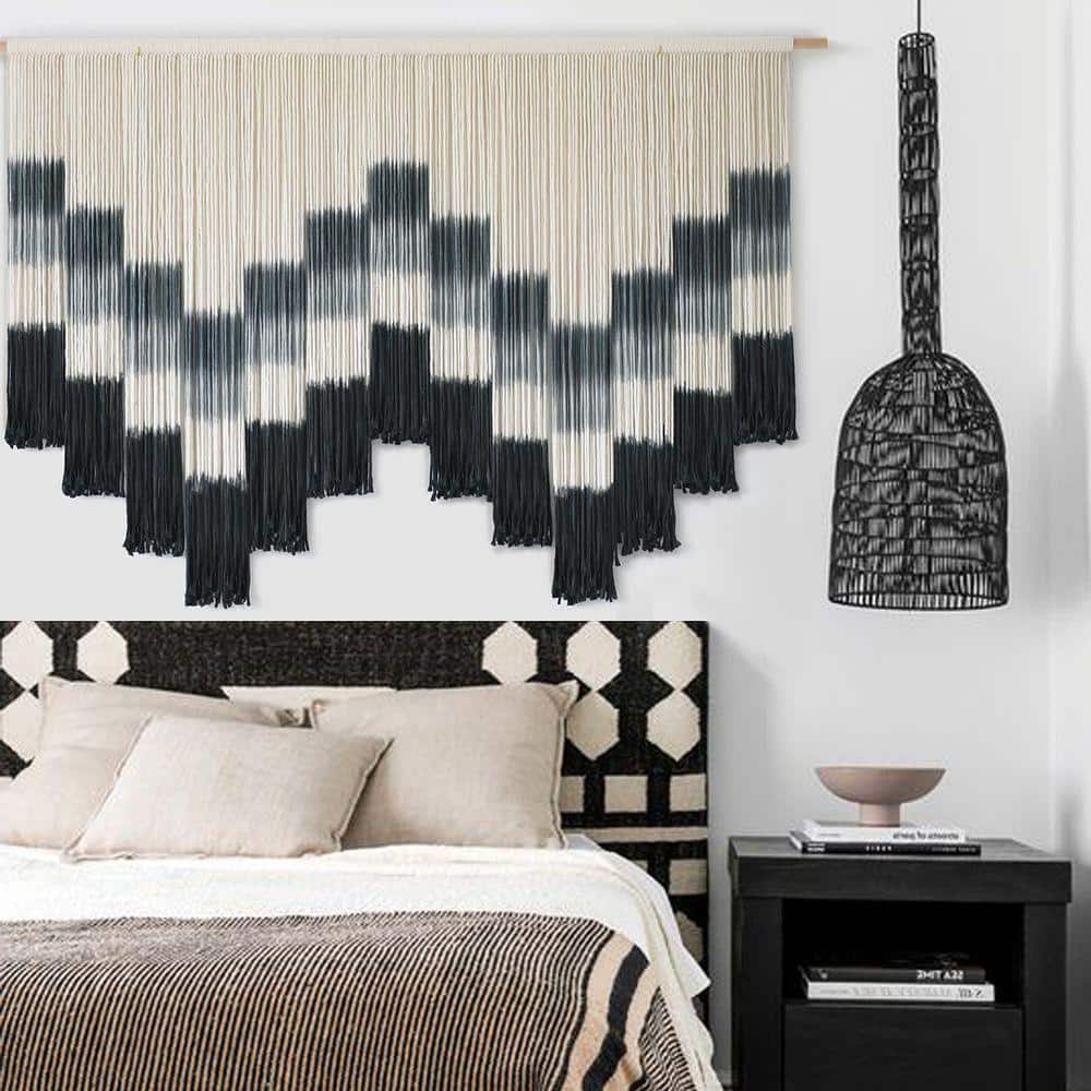 59 in. x 35 in. Black & Grey Macrame Wall Hanging-Tie-Dye