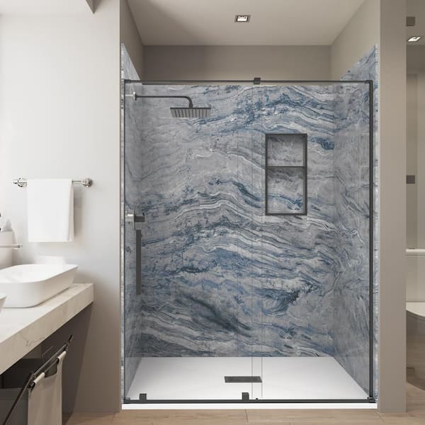 Naca. Blue 36in.x60in. x 84in. Combo Solid Composite Stone Alcove Shower Kit Matching Black Matte Door, Niche & Drain