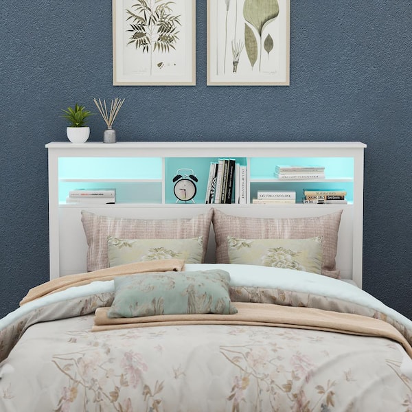FUFU GAGA 5 Shelves White Wood Full Queen Headboard Shelf With LED Lights KF310006 02 c The Home Depot