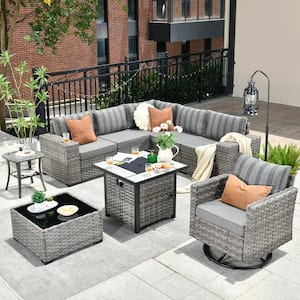Metis 9-Piece Wicker Outdoor Patio Fire Pit Sectional Sofa Set with Stripes Gray Cushions and Swivel Rocking Chairs
