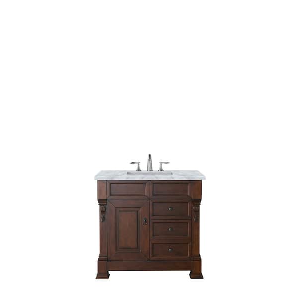 James Martin Vanities Brookfield 36 in. W x 23.5 in. D x 34.3 in. H Bathroom Vanity in Warm Cherry with Marble Top in Carrara White