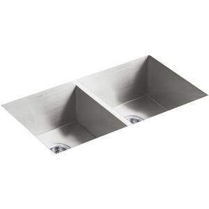 Vault Top/Under-Mount Stainless Steel 33 in. 4-Hole Double Bowl Kitchen Sink with Simplice Faucet