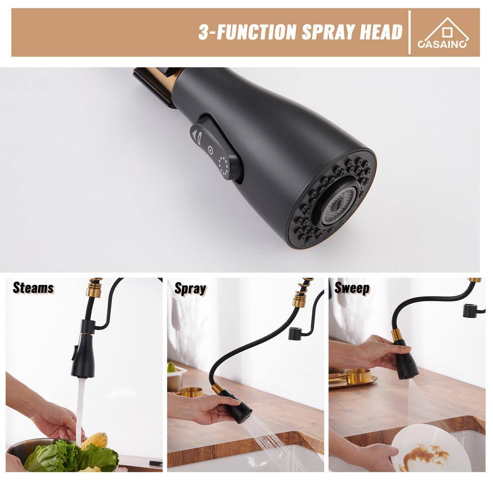 Matte Black and Brushed Gold Stainless Steel Pull Down Kitchen Faucet