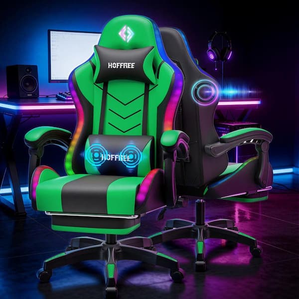 Faux Leather Gaming Chair with Speakers and Massage Ergonomic Music Rhythm LED Lights Game Chair in Green with Footrest