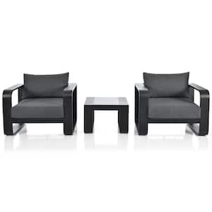 Black 3-Piece  Aluminum Patio Conversation Set with Gray Cushions and Coffee Table
