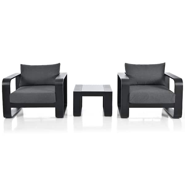 Boosicavelly Black 3-Piece  Aluminum Patio Conversation Set with Gray Cushions and Coffee Table