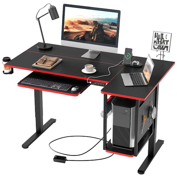 Bestier 57.48 in. Black Carbon Fiber Electric Standing Desk with 3-Height Memory Presets and Keyboard Tray, Host Shelf, Pegboard