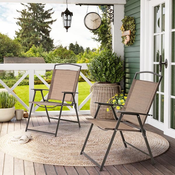 Crestlive Products Folding Metal Outdoor Dining Chair in Brown (Set of 2)