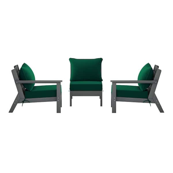 Birchwood Gray Arrangeable 3-Piece HDPE Deep Seating Outdoor Patio Conversation Sofa Arm Chair Set w/ Green Cushions
