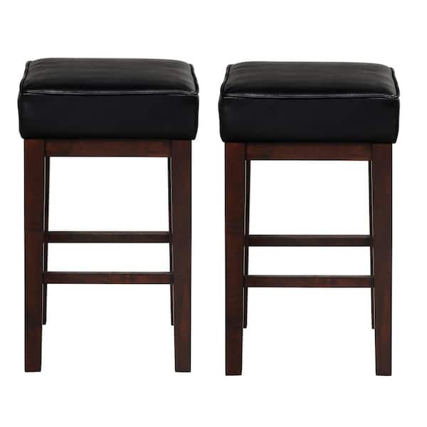 EVERGLADE HOME Kinsale 26 in. Espresso Backless Wood Frame Square Bar Stool with Black Faux Leather Seat (Set of 2)