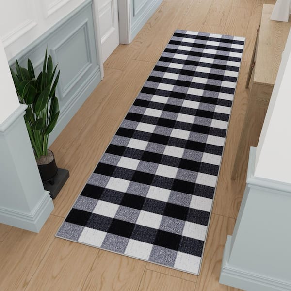 Ottohome Collection Non-Slip Rubberback Checkered Buffalo Plaid 3x10 Runner Rug, 2 ft. 7 in. x 9 ft. 10 in., Grayscale
