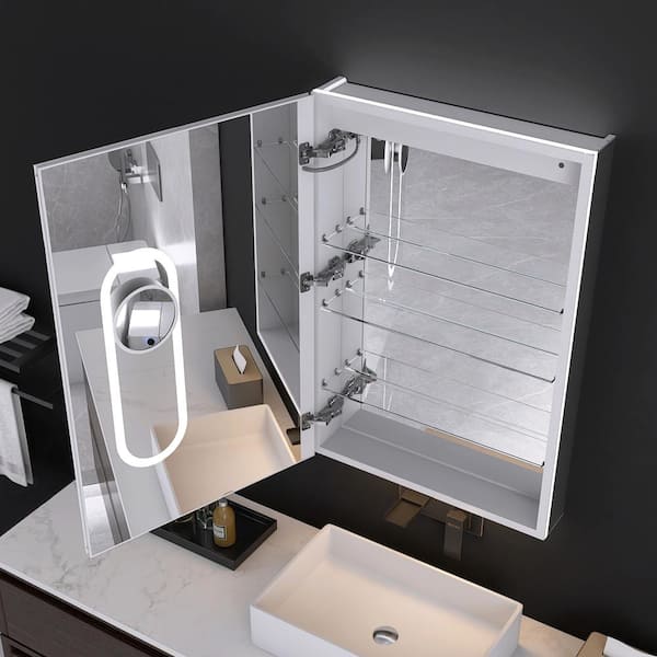 24 in. W x 36 in. H Rectangular Silver Aluminum Recessed/Surface Mount Left Medicine Cabinet with Mirror and LED