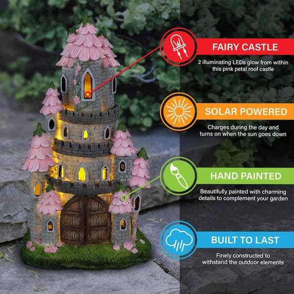 Exhart Solar Hand Painted Fairy Castle, Pink Petal Roof, 5.5