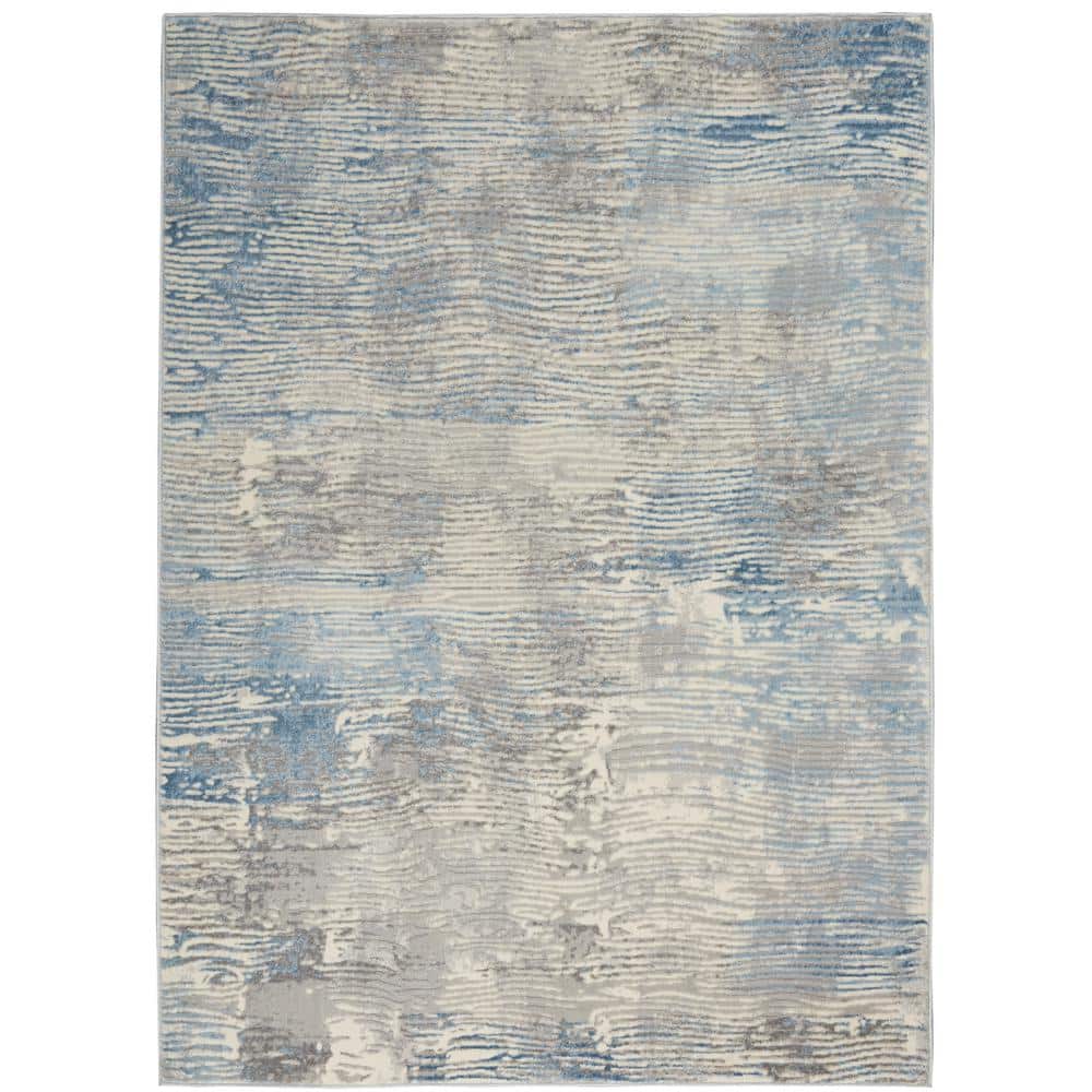 Gray and Blue Abstract Hand-Knotted Synthetic Rug 5' x 7'