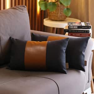 Bohemian Vegan Faux Leather Black and Brown 12 in. x 20 in. Lumbar Solid Throw Pillow Set of 2