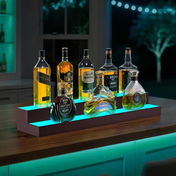 LED Lighted Liquor Bottle Display, 2-Tier 30-In., Support USB, with RF Remote & App Control, 7 Colors(15 Bottles)
