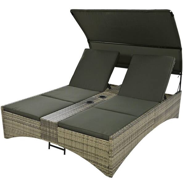 Sudzendf Metal Outdoor Day Bed with Gray Cushions and Shelter Roof, Adjustable Backrest, Storage Box and 2-Cup Holders