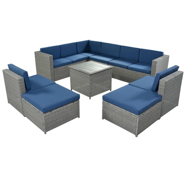 Willit Gray 9-Piece Wicker Patio Conversation Sectional Seating Set with Blue Cushions and Ottoman