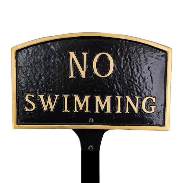 Montague Metal Products 5.5 in. x 9 in. Small Arch No Swimming Statement Plaque Sign with Lawn Stake - Black/Gold
