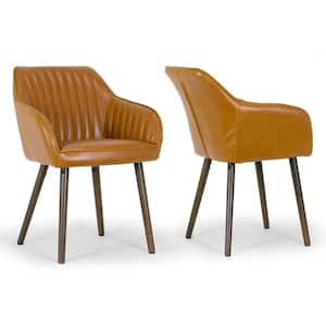 Alaura Arm Chair in Caramel Brown Faux Leather with Beech Legs (Set of 2)
