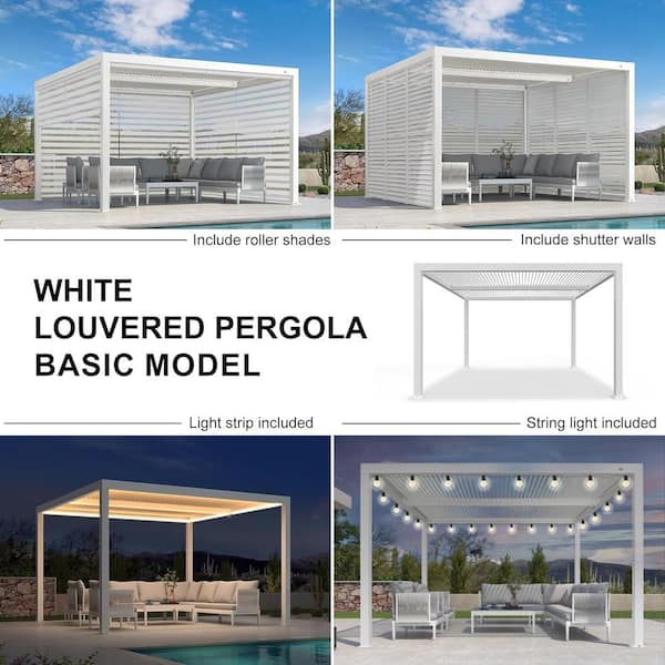 12 ft. x 12 ft. White Aluminum Frame Outdoor Hardtop Louvered Pergola with Adjustable Sunshade Roofs and In-Built Gutter