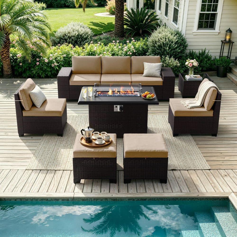 9-Piece Wicker Patio Conversation Set with 7 Seats,Fire Pit Table, Ottomans and Cushion Sand, Footrest,Garden