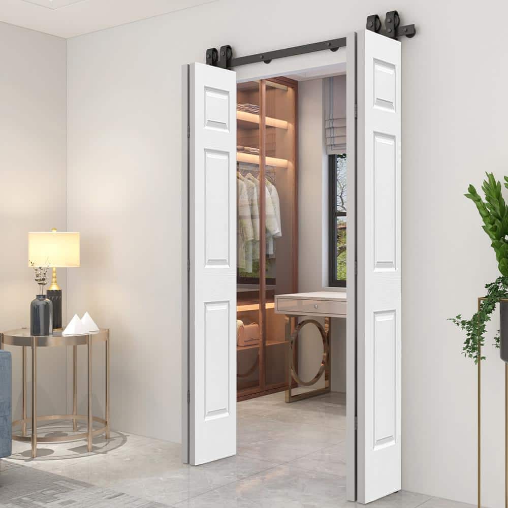48 in. x 80 in. White Primed MDF Double Bi-Fold Barn Door with Black Hardware